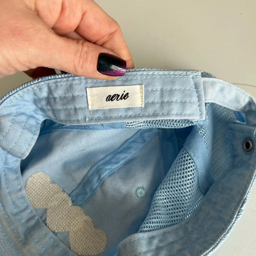 Aerie Light Blue Distressed Denim Mesh Hat embroidered hearts‎